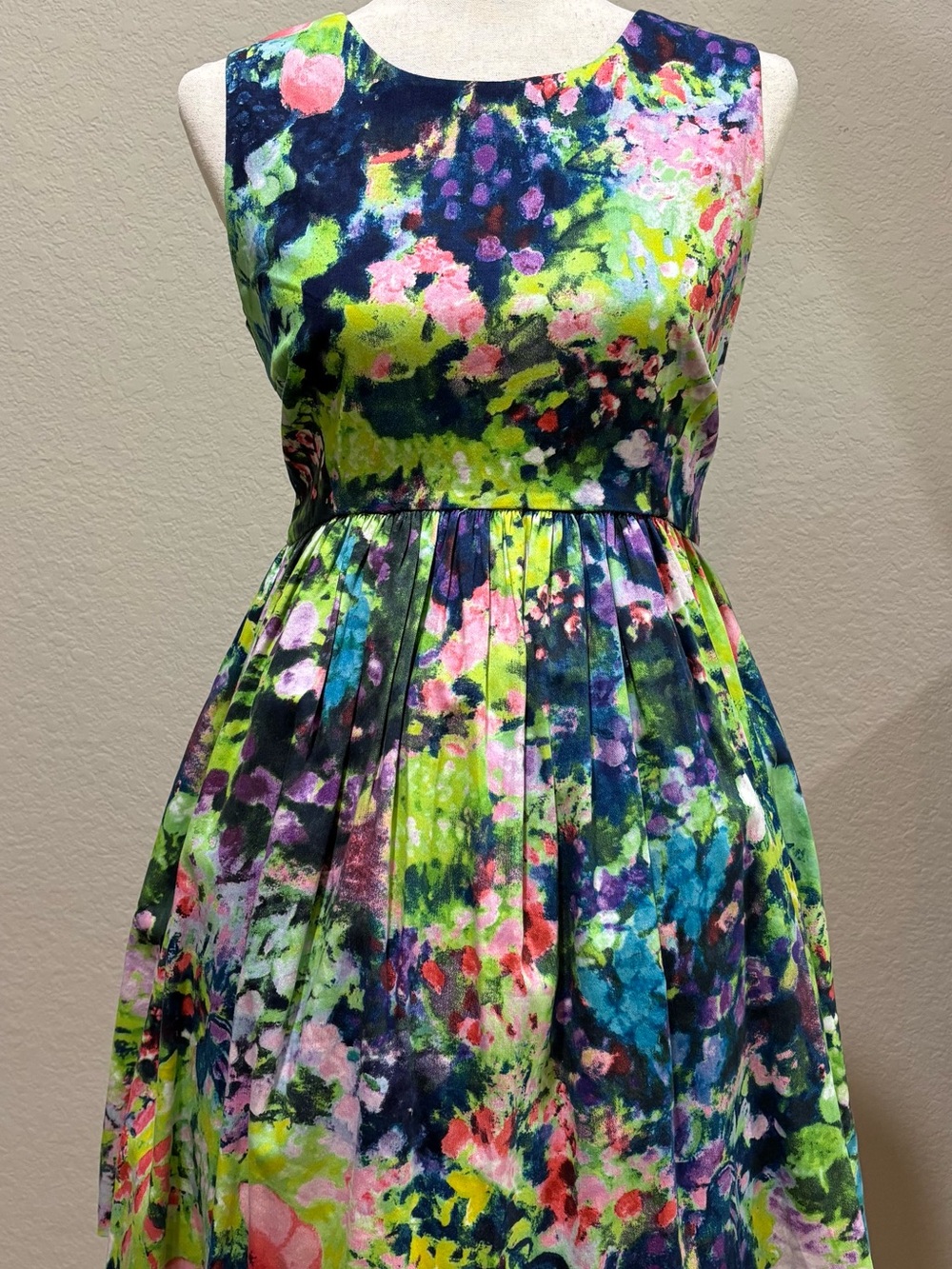 Zara Multicolor Floral Sleeveless Dress in Neon Green, Navy & Pink